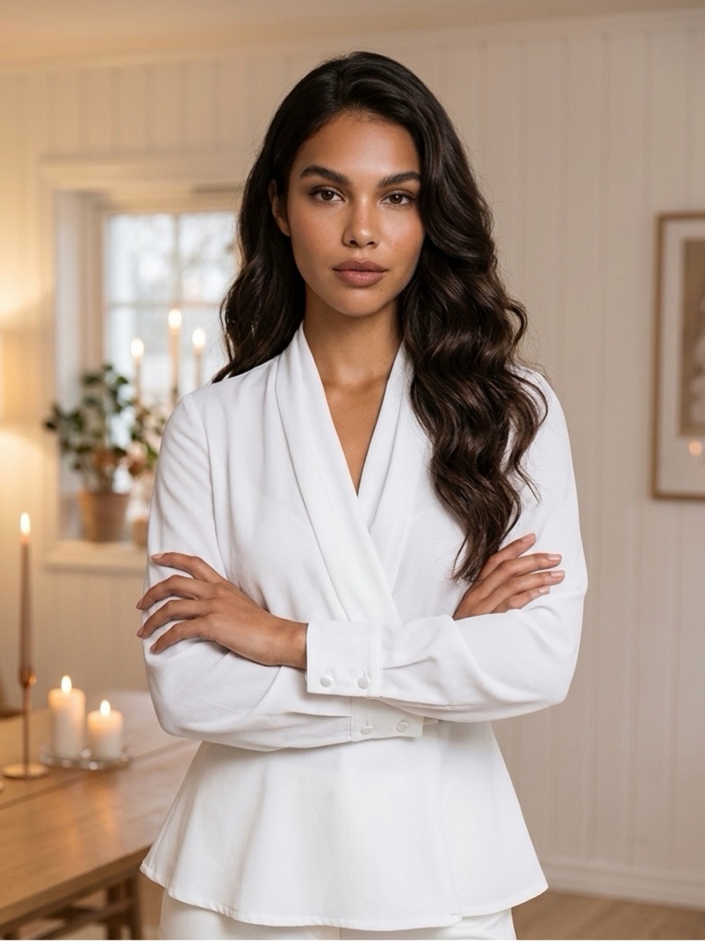 Spiegel White Wrap-Front Blouse with Draped V-Neck